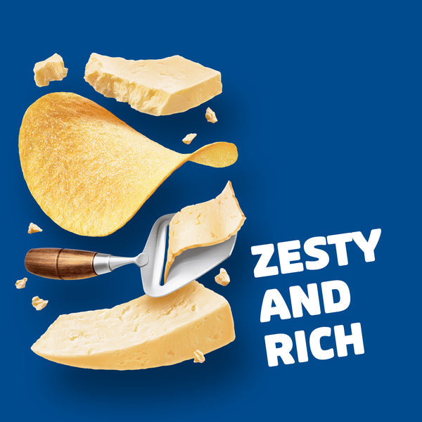 Pringles Sharp White Cheddar Potato Crisps with crispy potato chips, sharp white cheddar cheese slices, and a cheese knife on a blue background featuring the text "Zesty and Rich".