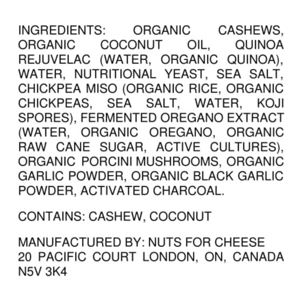 Ingredients list and contact information for a food product on a white background. Nuts For Cheese Black Garlic, Organic & Dairy-Free Cheese