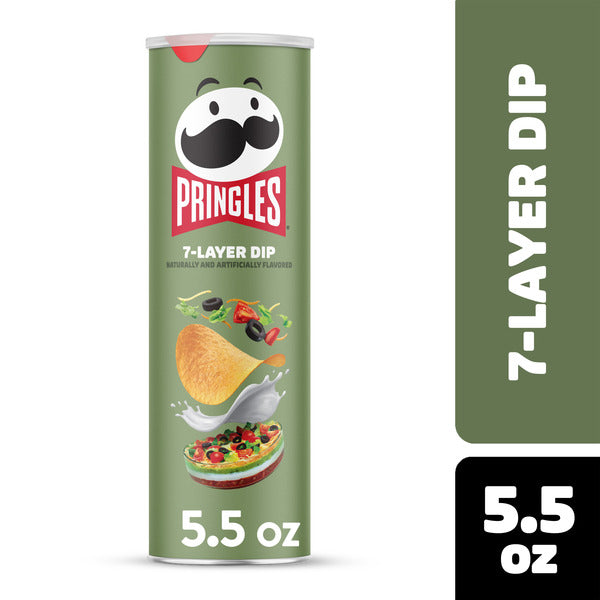 Pringles 7-Layer Dip can with green label and white text on a white background