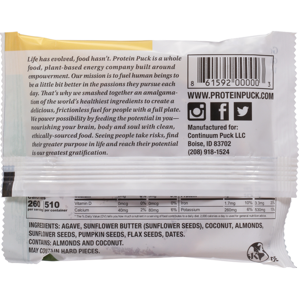 Protein Puck Protein Bar, Sunflower Butter, Coconut, Flax, Dates, Agave, Good Vibes