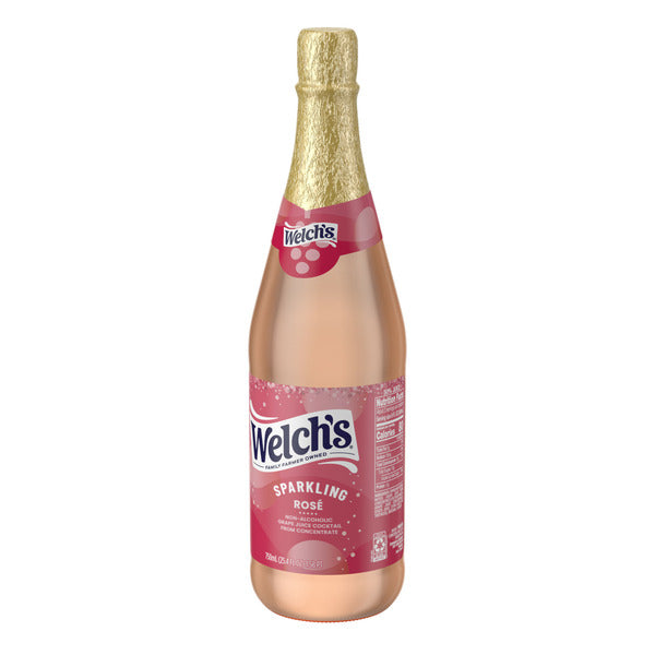 Welch's Sparkling Rosé Non-Alcoholic Beverage bottle with blush pink sparkling grape juice, gold foil-wrapped neck, and pink Welch's label on a white background.