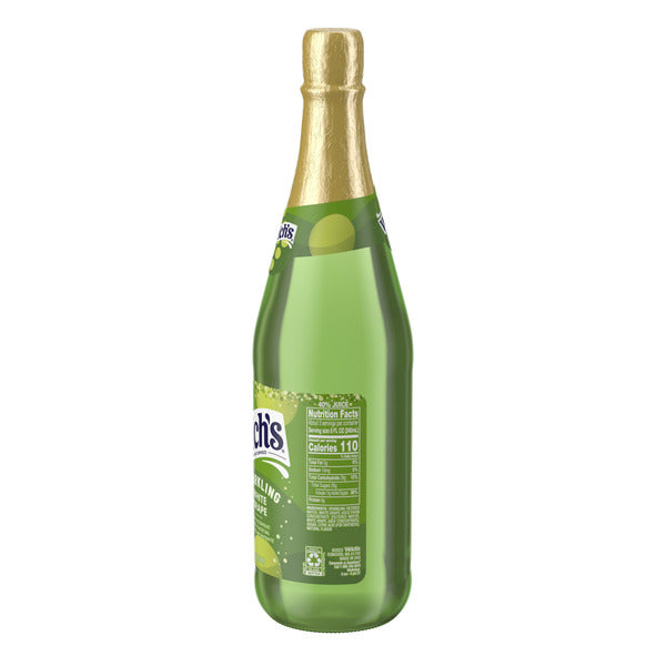 Welch's Sparkling Non-Alcoholic White Grape Juice Cocktail bottle with gold foil top on a white background. Alcohol-free sparkling white grape beverage for celebrations, holidays, parties, New Year's, weddings, and special occasions.