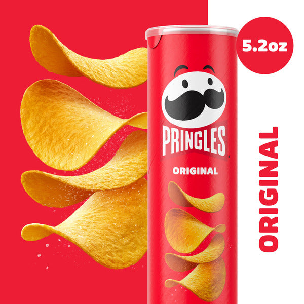 Pringles Original can with potato chips on a red background