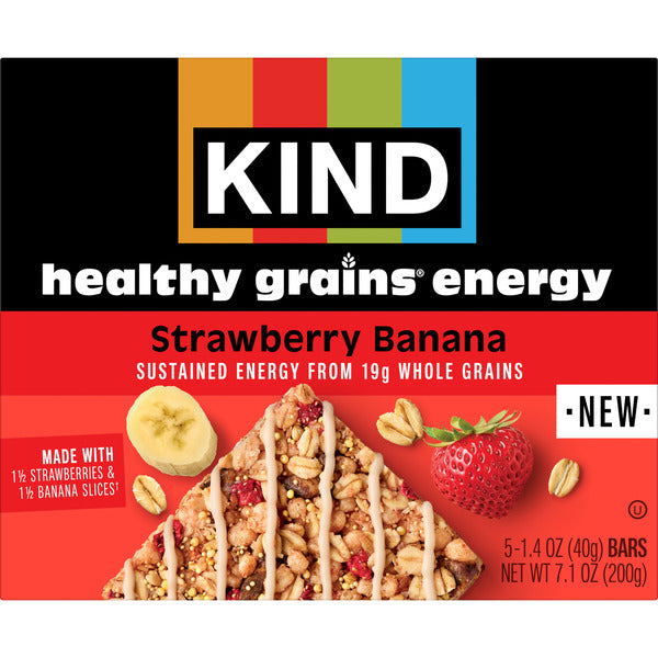 KIND Healthy Grains Energy Bars, Strawberry Banana, 19g Whole Grains, Made with Super Grains, Gluten Free Snacks, 5 Ct, 7.1oz