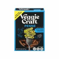 Box of Veggie Craft Penne pasta with a glass of wine and salad illustration on a blue background. Vegetarian and vegan zucchini pasta noodles.