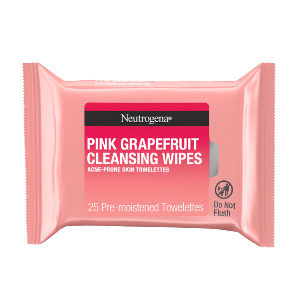 Neutrogena Pink Grapefruit Cleansing Wipes package on a white background with 25 pre-moistened acne-prone facial cleansing towelettes.