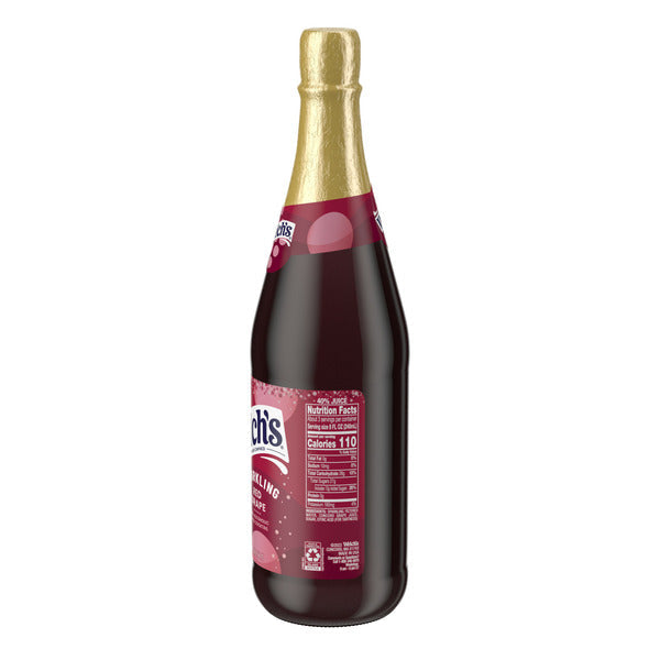 Bottle of Welch's Sparkling Non-Alcoholic Red Grape Juice Cocktail with a gold foil neck on a white background.