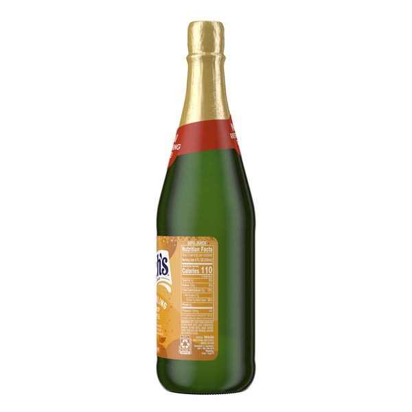 Welch's Non-Alcoholic Sparkling Crisp Apple Juice Cocktail bottle shown from the back with gold foil neck, green glass bottle, nutrition facts panel, ingredient label, and barcode on a white background.