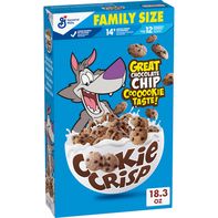 General Mills Cookie Crisp Family Size breakfast cereal box with cartoon wolf mascot on a white background