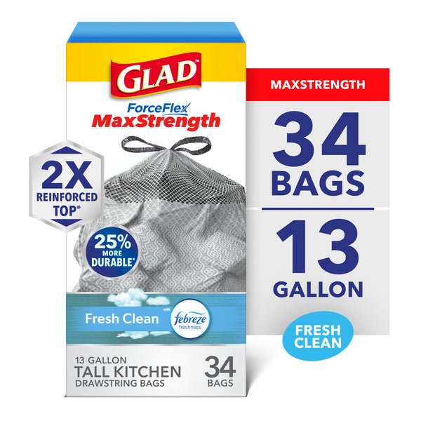 Glad ForceFlex MaxStrength Tall Kitchen Trash Bags, 13 Gallon, Fresh Clean Scent