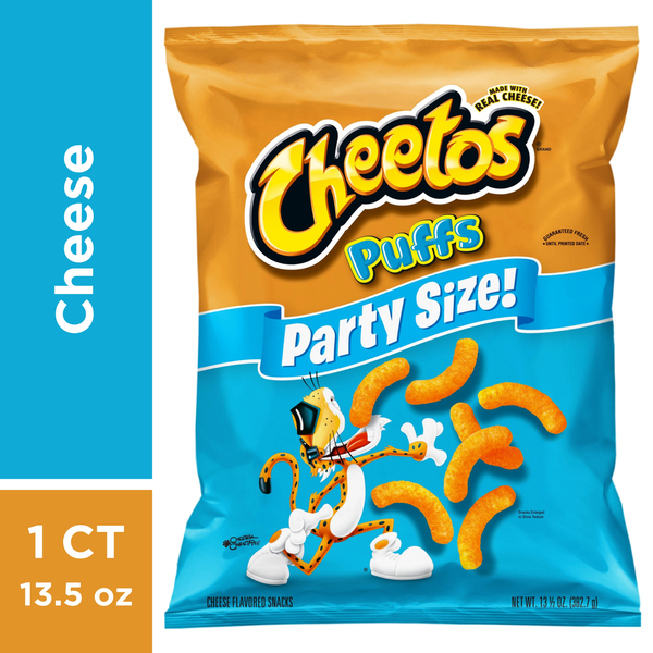 Cheetos Cheese Flavored Puffs Party Size crunchy cheese snack bag for parties and family snacking.