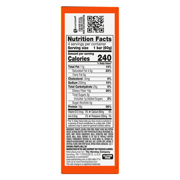 Nutrition facts label on a Hershey's product packaging with an orange border. ONE REESE'S Peanut Butter Lovers Flavored Protein Bars, 2.12 oz (4 Count) with 18g protein per bar