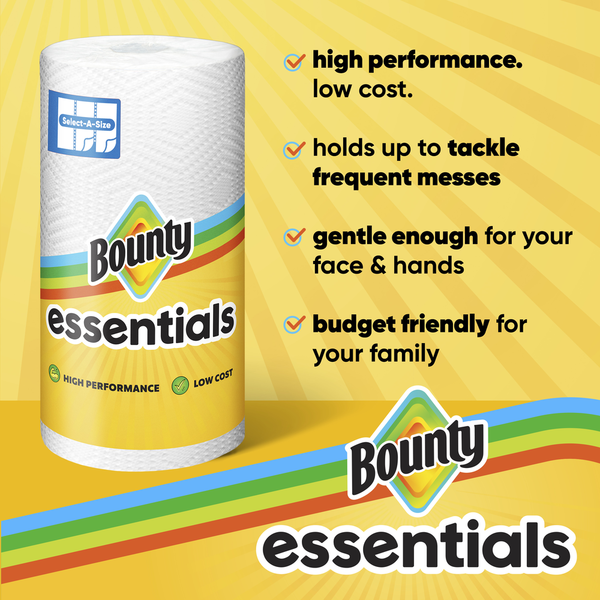 Bounty essentials paper towels on a yellow background with text highlighting features.