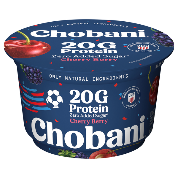 Chobani 20G Protein Cherry Berry yogurt container on a white background