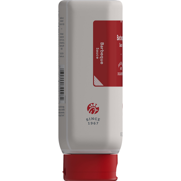 Chick-fil-A Barbeque Sauce 16 fl oz squeeze bottle side view, signature sweet and smoky BBQ sauce, rich tangy barbecue dipping sauce for chicken nuggets, chicken sandwiches, fries, burgers, hot dogs, ribs, pulled pork and grilled meats, premium barbecue condiment, family-size bottle, picnic and cookout essential, marinade and grilling sauce, pantry staple, grocery condiment isolated on white background.