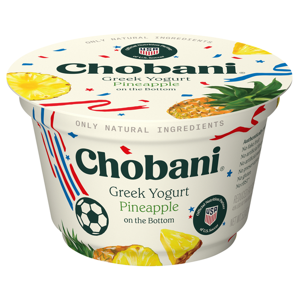 Chobani Nonfat Greek Yogurt Pineapple on the Bottom single-serve yogurt cup with pineapple flavor on a white background.
