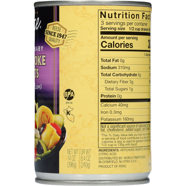 Can of baby food with nutrition label on a white background. NON GMO Project certified delicate baby artichoke hearts tender and delicious in a can. Reese quality company since 1947.