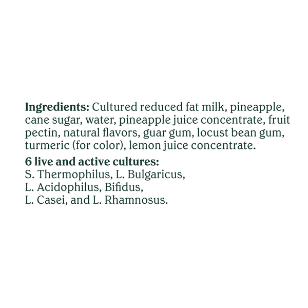 Ingredients label for Chobani Nonfat Greek Pineapple on the Bottom Yogurt showing cultured reduced fat milk, pineapple, cane sugar, fruit pectin, natural flavors, six live and active probiotic cultures, and other ingredients on a white background.