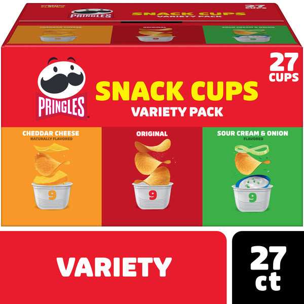 Pringles snack cups variety pack box with three flavors displayed.