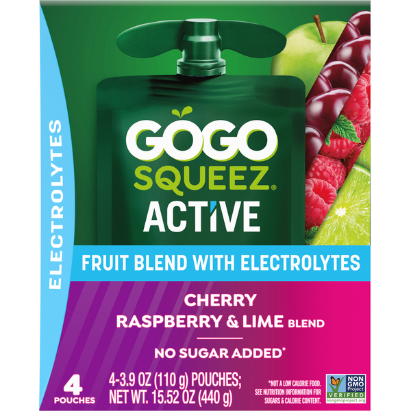 GoGo Squeez Active Electrolyte No Sugar Added Cherry Raspberry Lime Fruit Blend