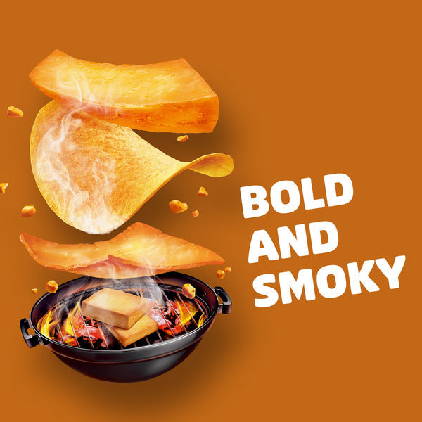 Grilled food with chips and 'Bold and Smoky' text on an orange background