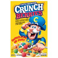 Crunch into colorful fun with Cap'N Crunch Crunch Berries Cereal featuring crunchy corn and oat cereal pieces with sweet berry-flavored bursts in every bite.