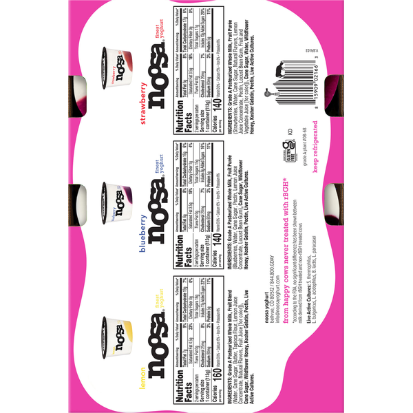 Noosa Whole Milk Strawberry/Blueberry/Lemon Finest Yoghurt