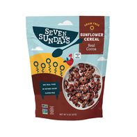 Seven Sundays Grain Free Sunflower Cereal Real Cocoa, gluten-free breakfast cereal made with sunflower seeds, cocoa, and wholesome ingredients, 8 oz package on a white background.