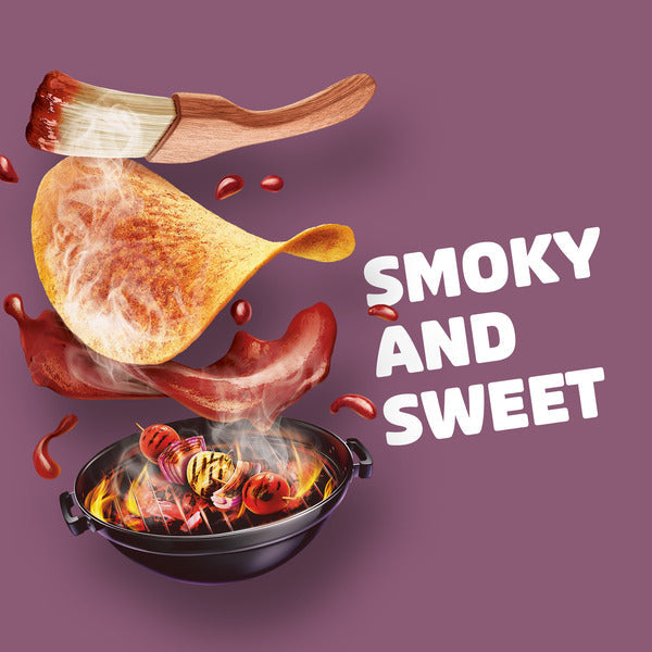 Pork belly being cooked in a pan with flames, accompanied by a wooden spatula on a purple background with 'Smoky and Sweet' text.