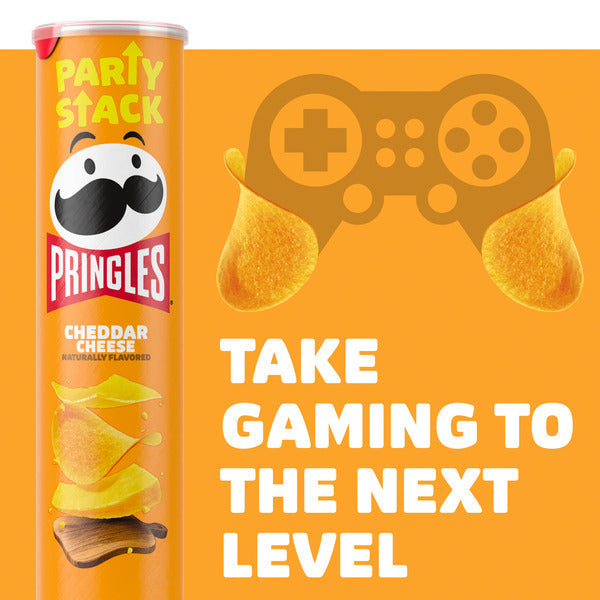 Pringles Cheddar Cheese can with gaming-themed design on an orange background