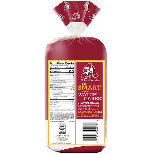 Aunt Millie's Live Carb Smart Cinnamon Swirl Bread back label featuring nutrition facts, ingredients, barcode, and product information in red and gold packaging on a white background.