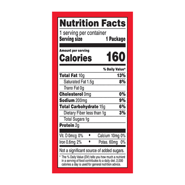 Nutrition facts label with red border on a white background. Cheetos Cheese Flavored Snacks, Crunchy - 1 oz, Single Serve Cheese Corn Snack, Crunchy Corn Puffs, Grab & Go Lunch Snack, Party Snack, Frito-Lay Cheetos, Orange Cheese Snack Bag