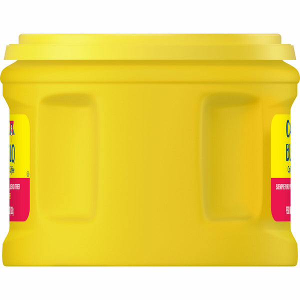 large yellow container of Cafe Bustelo 22 oz (1 lb 6 oz) 623g with a visible label on a white background. side angle. Built in handle.