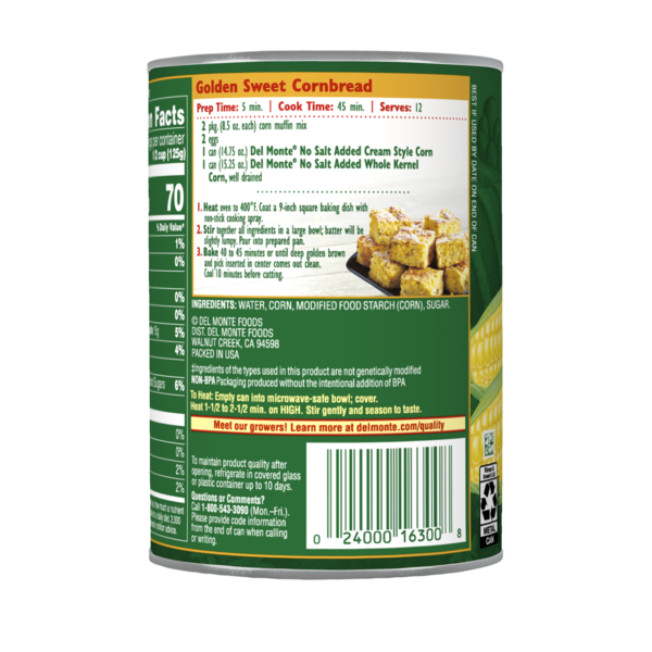 Del Monte No Salt Added Golden Cream Style Sweet Corn