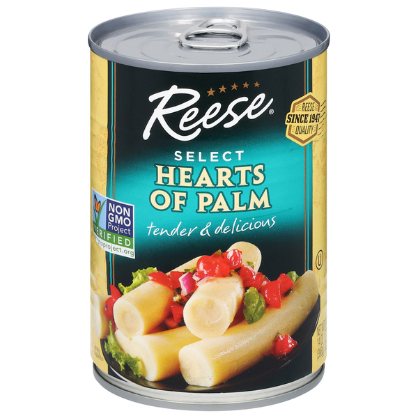 Can of Reese Select Hearts of Palm on a white background. Reese Select Hearts of Palm tender and delicious Non GMO Project Certified Reese company quality since 1947.