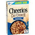 Box of Cheerios Oat Crunch Almond cereal, large-size breakfast cereal box with toasted oat rings, almonds, and blue, yellow, and cream packaging.