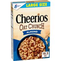Box of Cheerios Oat Crunch Almond cereal, large-size breakfast cereal box with toasted oat rings, almonds, and blue, yellow, and cream packaging.