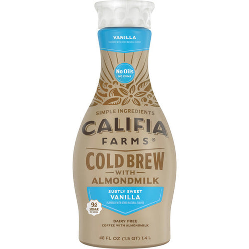 Califia Farms Vanilla Cold Brew Coffee with Almond Milk bottle, subtly sweet vanilla flavor, dairy-free almond milk coffee beverage, 48 fl oz, ready-to-drink cold brew on a white background.