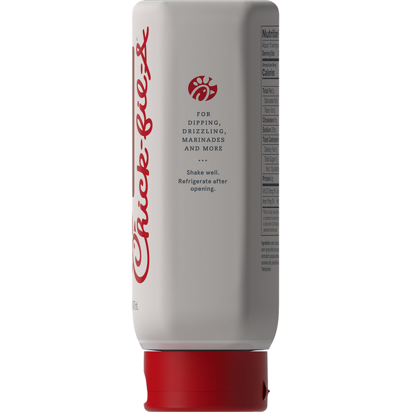 Chick-fil-A Barbeque Sauce 16 fl oz squeeze bottle side panel with signature Chick-fil-A branding, premium sweet and smoky BBQ sauce, tangy barbecue dipping sauce, barbecue marinade, grilling sauce, condiment for chicken nuggets, chicken sandwiches, fries, burgers, hot dogs, ribs, pulled pork, grilled chicken, grilled meats, barbecue recipes, backyard BBQ, picnic, cookout, family-size barbecue sauce bottle, pantry staple, grocery condiment isolated on white background.