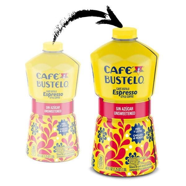 Two bottles of Cafe Bustelo Espresso Style Coffee with floral designs on a white background. Café Bustelo Unsweetened Espresso-Style Iced Coffee