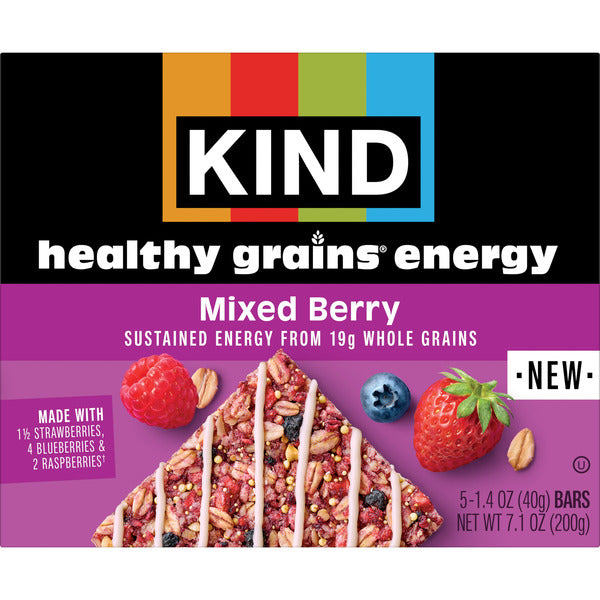 KIND Healthy Grains Energy Bars, Mixed Berry, 19g Whole Grains, Made with Super Grains, Gluten Free Snacks, 5 Ct, 7.1oz
