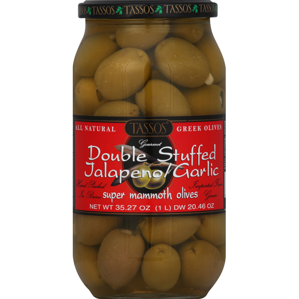 Tassos Olives, Super Mammoth, Double Stuffed Jalapeno Garlic