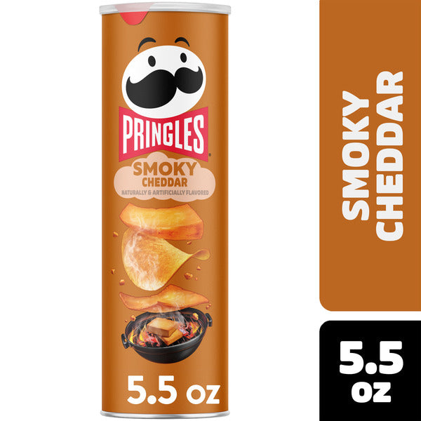 Pringles Smoky Cheddar potato chip can on a white background