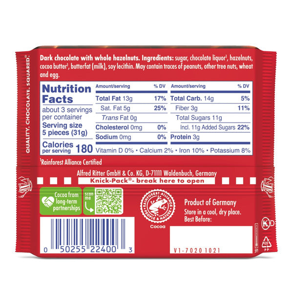 Ritter Sport Dark Chocolate Candy Bar with Crunchy Whole Hazelnuts