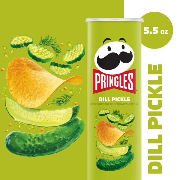 Pringles Dill Pickle flavor packaging with a green background