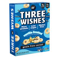Three Wishes Vanilla Frosted Grain Free Cereal box featuring blue packaging with vanilla cereal pieces, gluten-free branding, high-protein claims, and front-facing product design.