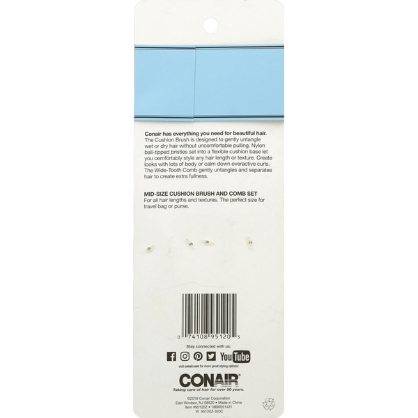 Conair Brush and Comb Set, Mid-Size Cushion, Detangle & Style
