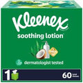 Kleenex Lotion Facial Tissues with Coconut Oil in a green floral box, soft 3-ply facial tissues for sensitive skin, single box package.