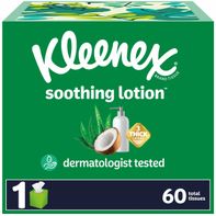 Kleenex Lotion Facial Tissues with Coconut Oil in a green floral box, soft 3-ply facial tissues for sensitive skin, single box package.