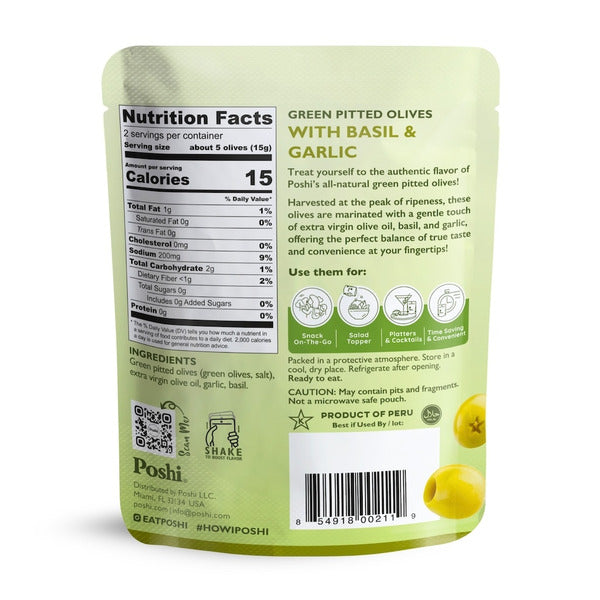 Poshi Basil & Garlic Pitted Green Olives
